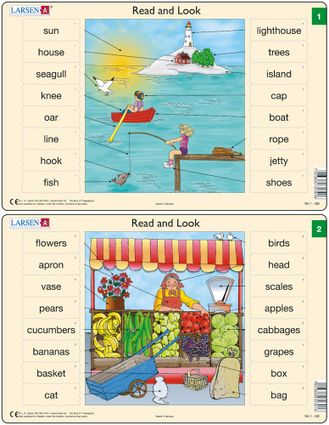 Predáva sa len v balíku 10 ks puzzle Angličtina 01 - 10 / Angličtina  02 – Anglické slovíčka, Predajný stánok s ovocím a zeleninou – Náučné puzzle – J