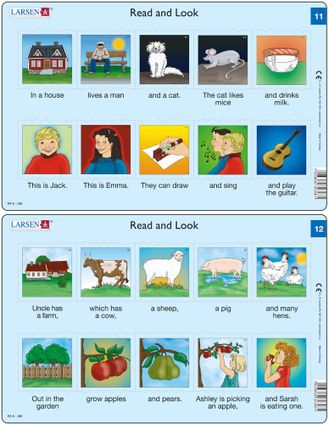 Predáva sa len v balíku 10 ks puzzle Angličtina 11 - 20 / Angličtina  11 – dve vety v obrázkoch – dom, mačka, myš, deti spievajú a hrajú na gitare – N