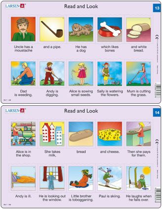 Predáva sa len v balíku 10 ks puzzle Angličtina 11 - 20 / Angličtina  13 – dve vety v obrázkoch – pes, kosť, rodina, rodičia a deti pracujú na záhrade