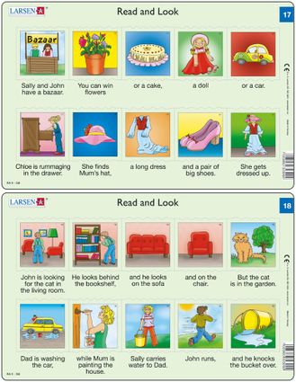 Predáva sa len v balíku 10 ks puzzle Angličtina 11 - 20 / Angličtina  17 – dve vety v obrázkoch – detský bazár, detské hračky, koláč, obliekanie šiat