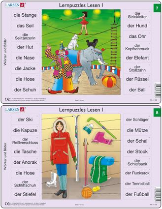 Predáva sa len v balíku 10 ks puzzle Nemčina 01 - 10 / Nemčina  07 – Nemecké slovíčka, V cirkuse, klaun, šašo, slon, psák, akrobatka  – Náučné puzzle