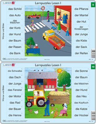 Predáva sa len v balíku 10 ks puzzle Nemčina 01 - 10 / Nemčina  10 – Nemecké slovíčka, Rodina pracuje na farme, na statku, traktor, mačky – Náučné puz