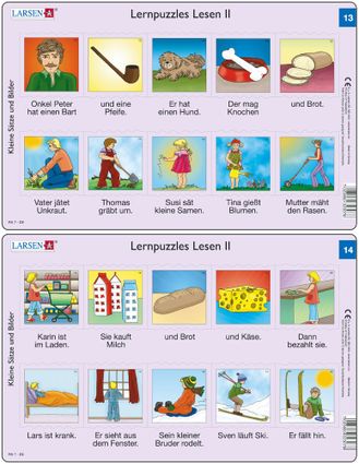 Predáva sa len v balíku 10 ks puzzle Nemčina 11 - 20 / Nemčina  13 – dve vety v obrázkoch – pes, kosť, rodina, rodičia a deti pracujú na záhrade – Náu