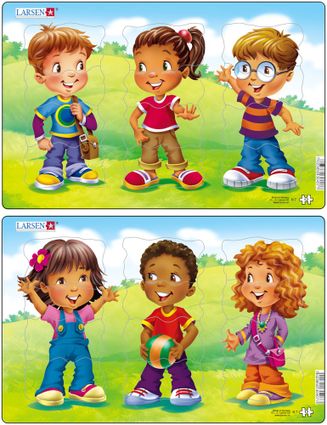 Deti, poskladaj každé dieťa zo 4 dielikov – v strede je dievča – Obrázkové puzzle – JEDNO z 2 puzzle na obrázku HORE