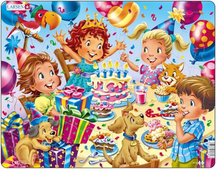 Deti sa radujú a zabávajú na oslave narodenín, s narodeninovou tortou, darčekmi a balónikmi – Obrázkové puzzle