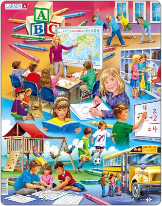 Deti sa učia v škole, deti sa hrajú na detskom ihrisku, deti cvičia, deti nastupujú do autobusu – Obrázkové puzzle