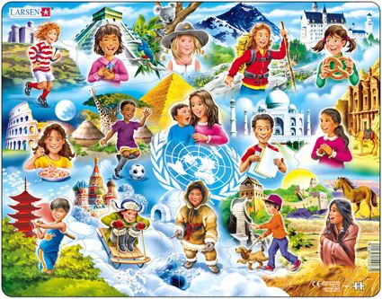 Deti z celého sveta, deti z vybraných 15 krajín sveta so slávnymi stavbami, známymi symbolmi krajín – Obrázkové puzzle