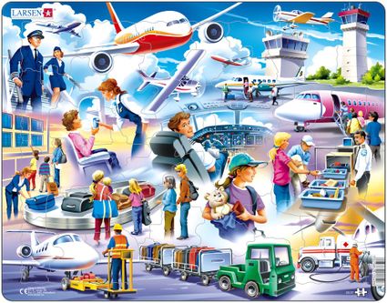 Dopravné prostriedky – Lietadlá a cestujúci lietadlom, piloti, letušky a personál na letisku – Obrázkové puzzle