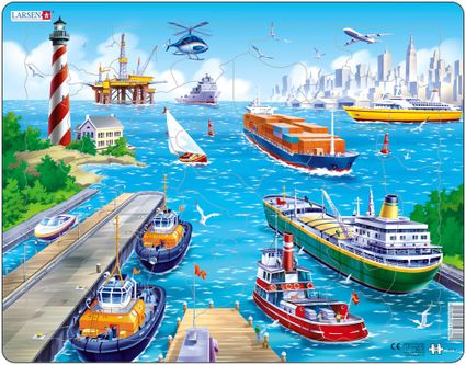 Dopravné prostriedky – Morský prístav, lode, tanker, náladná loď, motorový čln, jachta, lietadlá – Obrázkové puzzle