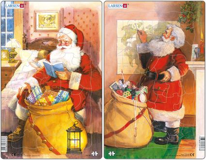 Mikuláš ( Santa Claus ) číta rozprávku dieťaťu, pred sebou má vianočné darčeky, hračky pre deti – Obrázkové puzzle – JEDNO z 2 puzzle na obrázku VĽAVO