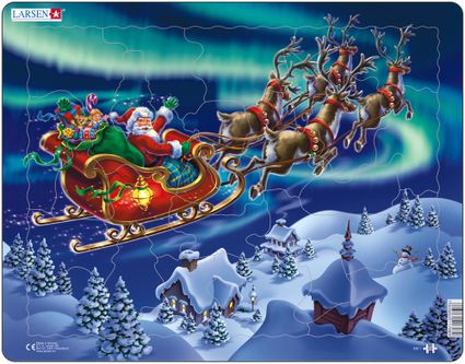 Mikuláš ( Santa Claus ) ide v saniach nad zasneženou krajinou a vezie vianočné darčeky, detské hračky a deti, – Obrázkové puzzle