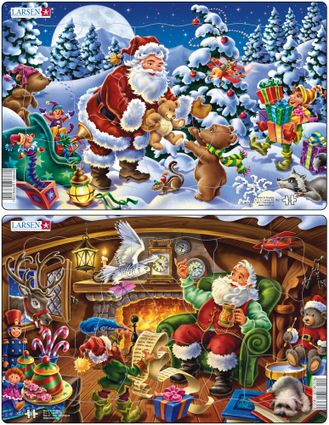Mikuláš ( Santa Claus ) rozdáva vianočné darčeky, hračky medvedíkom z rozprávky v zasneženom lese– Obrázkové puzzle – JEDNO z 2 puzzle na obrázku HORE