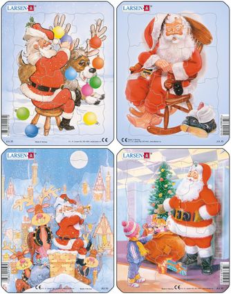 Mikuláš ( Santa Claus ) sedí na stoličke, sob leží, má vianočné gule na vianočný stromček – Obrázkové puzzle – JEDNO zo 4 puzzle na obrázku VĽAVO HORE
