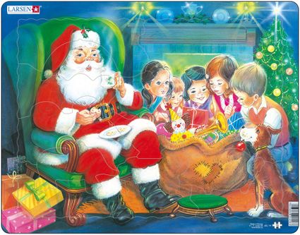 Mikuláš ( Santa Claus ) sedí v kresle, okolo sú vianočné darčeky, detské hračky a deti pri stole – Obrázkové puzzle