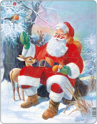Mikuláš ( Santa Claus ) sedí v zasneženom lese s lesnými zvieratkami, zajačikom, srnkou, veveričkou a vtáčikom – Obrázkové puzzle