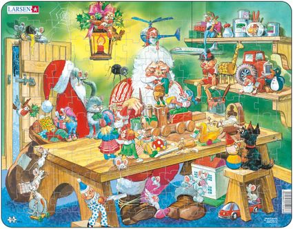 Mikuláš ( Santa Claus ) sedí za stolom, vyrába a tvorí vianočné darčeky, hračky pre deti – Obrázkové puzzle