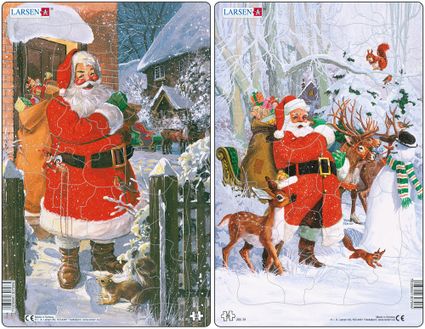 Mikuláš ( Santa Claus ) stojí na snehu pred domom,na chrbte má vianočné darčeky, hračky pre deti– Obrázkové puzzle – JEDNO z 2 puzzle na obrázku VĽAVO