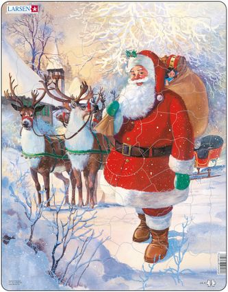 Mikuláš ( Santa Claus ) stojí na snehu pri soboch a saniach, na chrbte má vianočné darčeky, hračky pre deti – Obrázkové puzzle