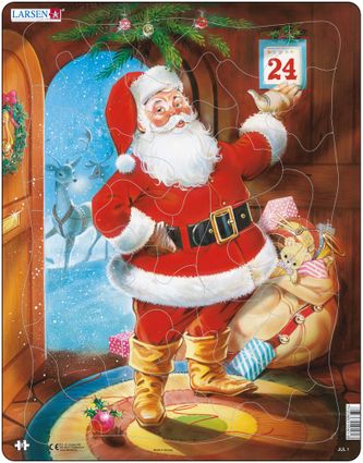 Mikuláš ( Santa Claus ) stojí pred kalendárom, ukazuje Štedrý deň, 24. december, pri sebe má vianočné darčeky, hračky pre deti – Obrázkové puzzle