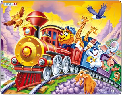 Rozprávky – Zvieratká cestujú vo vlaku, lev, ľadový medveď, žirafy, opice, slon – Obrázkové puzzle