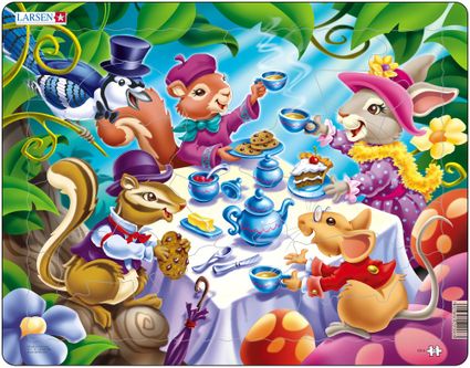 Rozprávky – Zvieratká na oslave, koláčiky, čaj, zajka, veverička, myška, sojka – Obrázkové puzzle