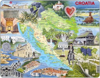 Turistické atrakcie – Chorvátsko, fyzická všeobecno zemepisná mapa s turistickými zaujímavosťami – Obrázkové puzzle