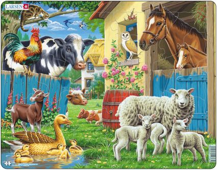 Zvieratá domáce – Na dvore, koníky, kravičky, ovečky, hus, húsatá, kohút, mačka, sova – Obrázkové puzzle