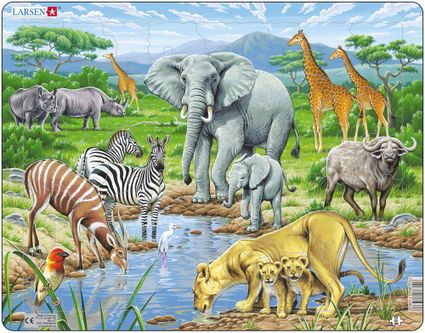 Zvieratá exotické – Africká savana, obdobie dažďov, levy, slony, zebry, žirafy – Obrázkové puzzle