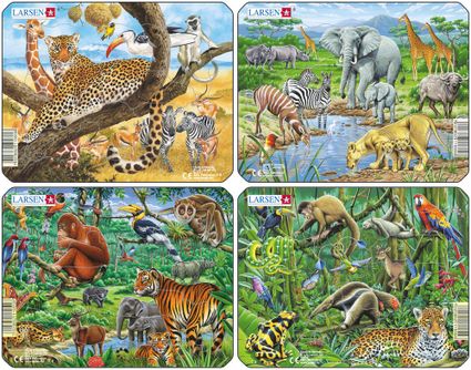 Zvieratá exotické – Džungľa, tropický dažďový prales, tigre, slony, jeleň, medveď, opice – Obrázkové puzzle – JEDNO zo 4 puzzle na obrázku VĽAVO DOLE