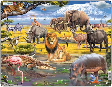 Zvieratá exotické – Savana, leopard, geparsd, levy, slony, hroch, nosorožec, krokodíl – Obrázkové puzzle