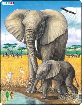 Zvieratá exotické – Slony, slonica a malé sloníčatko stoja pri vode – Obrázkové puzzle