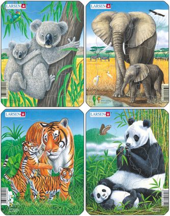 Zvieratá exotické – Tigre, tigrica a tigríčatá sa hrajú v tráve – Obrázkové puzzle