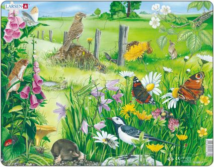 Zvieratá lúčne – Na lúke, v tráve, krtko, myška, straka, drozd, škorec, motýle, zajac – Obrázkové puzzle