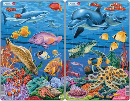 Zvieratá morské - morský svet, koralový útes, delfíny, korytnačka, koník, ryby – Obrázkové puzzle – JEDNO z 2 puzzle na obrázku VPRAVO