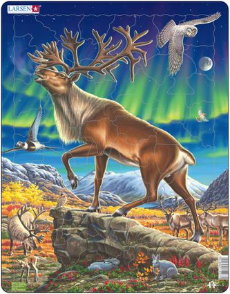 Zvieratá severské – Arktická krajina, severská tundra, soby v polárnej žiare, zajace – Obrázkové puzzle