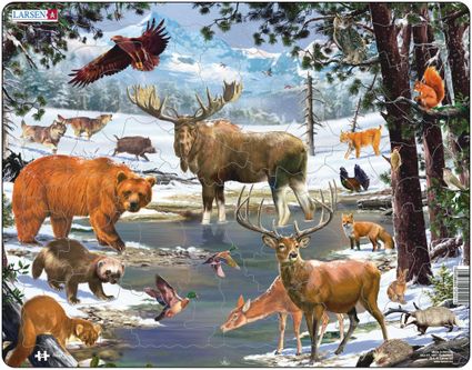 Zvieratá severské – Zasnežený severský les v zime, medveď, los, jeleň, rys, jazvec, zajac – Obrázkové puzzle
