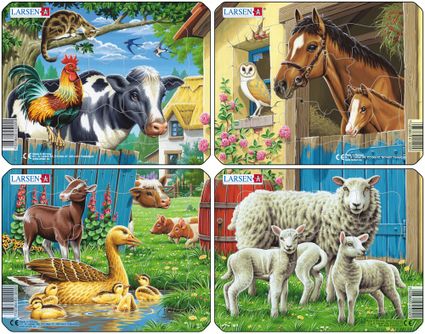 Zvieratká domáce – Kohút, kravička, mačička na dvore – Obrázkové puzzle – JEDNO zo 4 puzzle na obrázku VĽAVO HORE