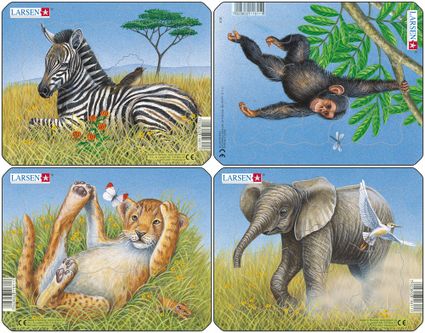 Zvieratká exotické – Levíčatko leží v tráve – Obrázkové puzzle – JEDNO zo 4 puzzle na obrázku VĽAVO DOLE