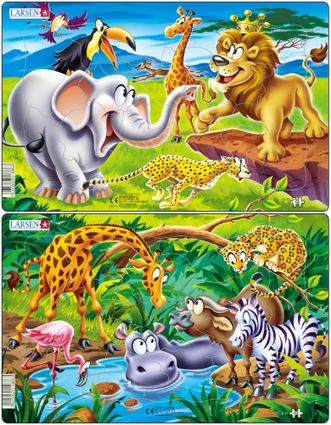 Zvieratká exotické – v divočine – Hroch, zebra, žirafa, plameniak – Obrázkové puzzle – JEDNO z 2 puzzle na obrázku DOLE