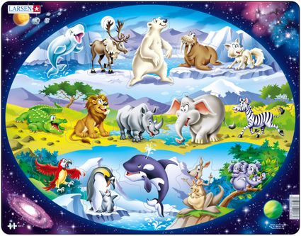 Zvieratká exotické – zvieratká sveta, sob, medveď, mrož, krokodíl, lev, slon, zebra, tučniaky, kengura, koala – Obrázkové puzzle