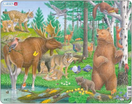 Zvieratká lesné – Európsky les, los, medveď, vlk, jež, rys, jeleň, srnec, veverička, kuna, sova, ďateľ – Obrázkové puzzle