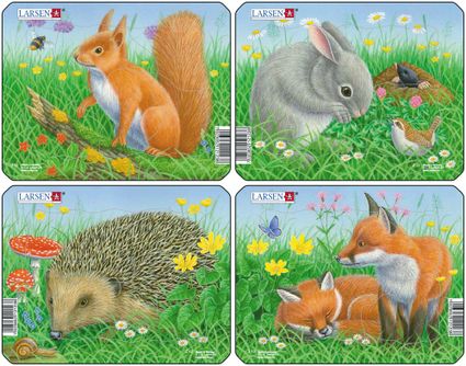 Zvieratká lesné – Ježko na lúke v tráve, slimáčik, huby – Obrázkové puzzle – JEDNO zo 4 puzzle na obrázku VĽAVO DOLE