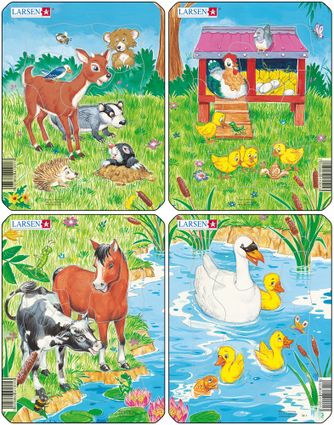 Zvieratká milé domáce – Koník a kravička pijú vodu pri jazere – Obrázkové puzzle – JEDNO zo 4 puzzle na obrázku VĽAVO DOLE