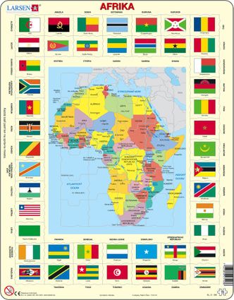 Mapy – Afrika, politická mapa s krajinami a štátnymi vlajkami – Zemepis, zemepisné puzzle
