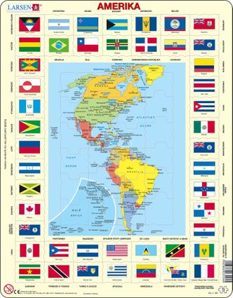 Mapy – Amerika, Severná a Južná, politická mapa s krajinami a štátnymi vlajkami – Zemepis, zemepisné puzzle