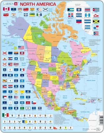 Mapy – Amerika Severná, politická mapa, krajiny so štátnymi vlajkami – Zemepis, zemepisné puzzle