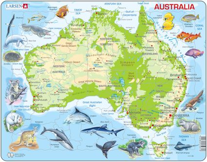 Mapy – Austrália, fyzická všeobecno zemepisná mapa so zvieratami – Zemepis, zemepisné puzzle