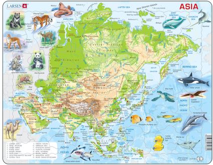 Mapy – Ázia, fyzická všeobecno zemepisná mapa so zvieratami – Zemepis, zemepisné puzzle