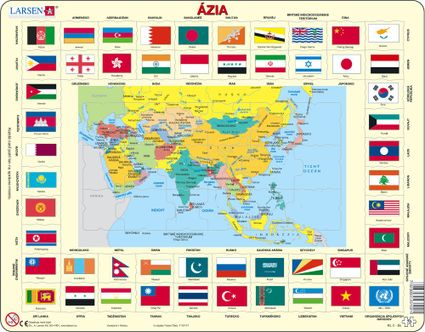Mapy – Ázia, politická mapa s krajinami a štátnymi vlajkami – Zemepis, zemepisné puzzle