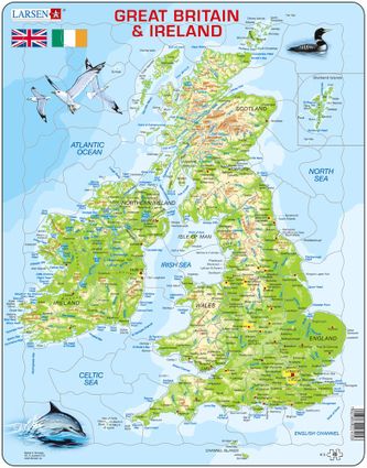 Mapy – Britské ostrovy, fyzická všeobecno zemepisná mapa so štátnymi vlajkami – Zemepis, zemepisné puzzle